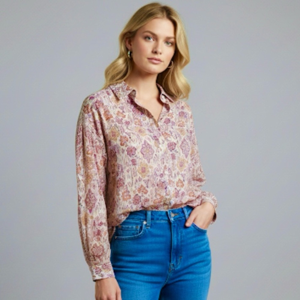 Olivaceous Top Floral Hi Low Purple Print Floral Long Sleeve Blouse S Boho Chic